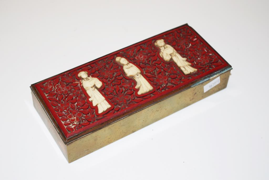 Chinese carved cinnabar & bone brass box - Image 2 of 6