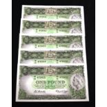 Five consecutive Australian One pound bank notes