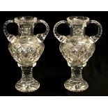 Pair of good cut crystal twin handle urn vases