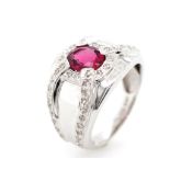 Rubelite and diamond set white gold ring