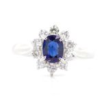 Sapphire and diamond set platinum cluster ring