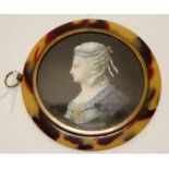 Antique signed portrait miniature on tortoiseshell