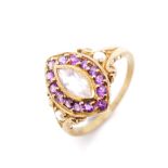 Rose quartz and amethyst set 9ct yellow gold ring