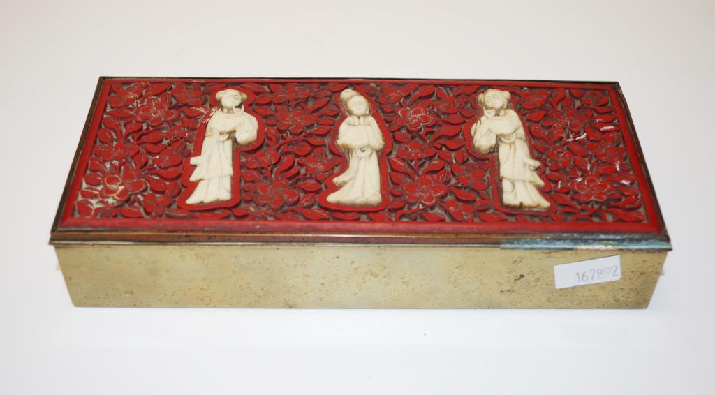 Chinese carved cinnabar & bone brass box