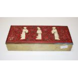 Chinese carved cinnabar & bone brass box