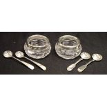 Two silver rimmed open salts & 2 pair of spoons