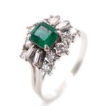 Emerald and diamond set white gold cluster