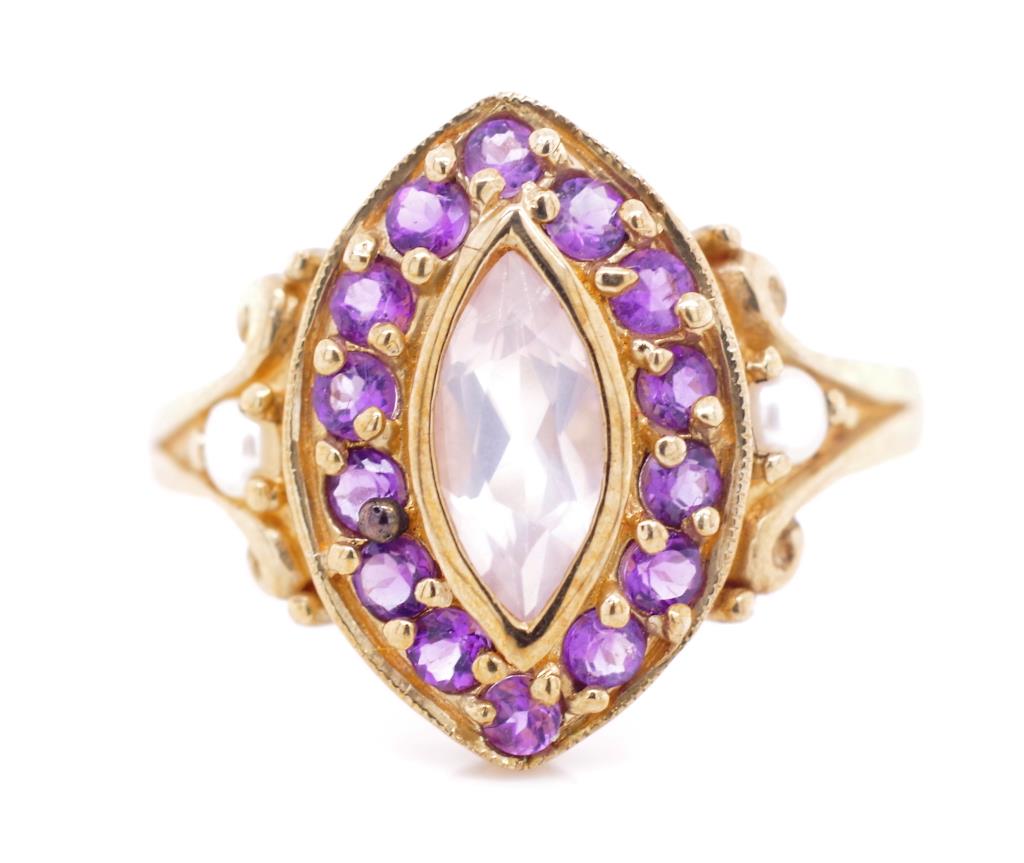 Rose quartz and amethyst set 9ct yellow gold ring - Image 2 of 4