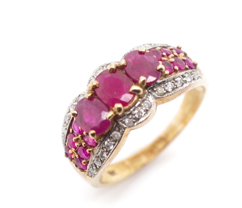 Ruby and diamond set 9ct yellow gold ring