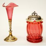 Victorian ruby glass trumpet vase and lidded jar