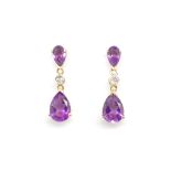 Amethyst, diamond and yellow gold drop earrings