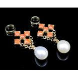 Coral and pearl set 9ct yellow gold earring
