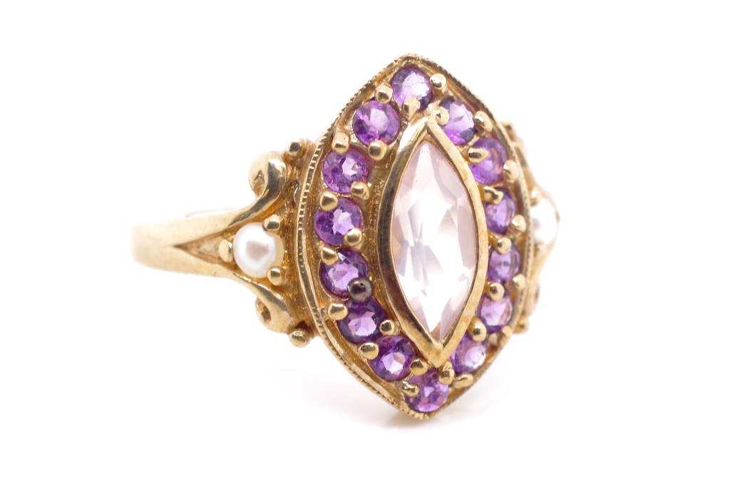 Rose quartz and amethyst set 9ct yellow gold ring - Image 3 of 4