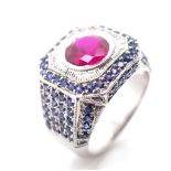 Created ruby & sapphire set white gold ring