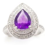 Amethyst and diamond double halo ring