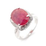 Red gemstone and diamond set white gold ring