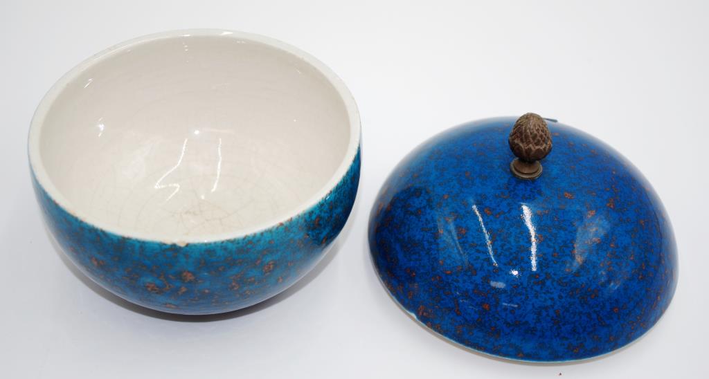 German pottery blue speckled lidded pot - Image 3 of 7