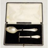 Cased silver baby feeding spoon & pusher