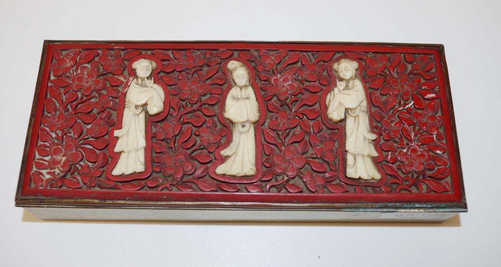 Chinese carved cinnabar & bone brass box - Image 6 of 6