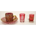 Antique ruby glass cup / saucer & 2 miniature cups