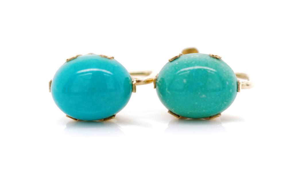 Mid century, turquoise and yellow gold ear clips