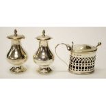 Two sterling silver pepperettes & a mustard pot