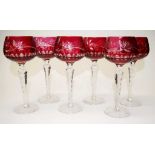 Set of 6 red flash cut crystal wine goblets