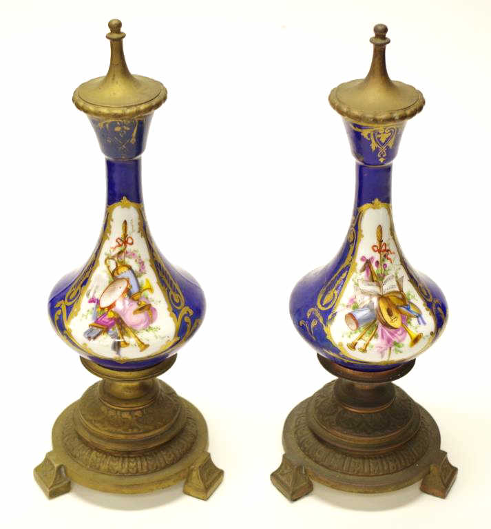 Pair of French porcelain & brass garnitures