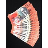 Fifteen Australian consecutive $20 plastic notes