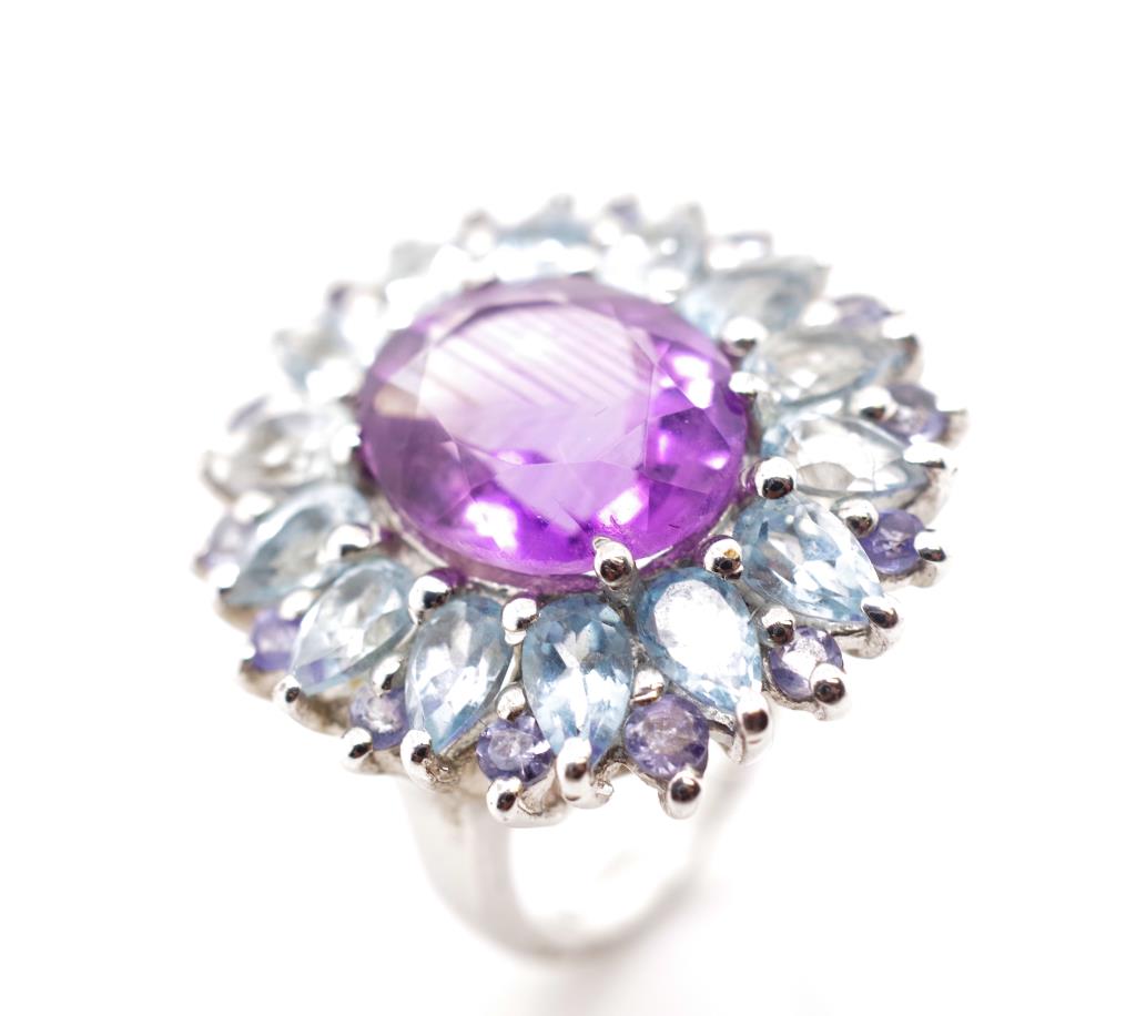 Amethyst and topaz set silver cocktail ring