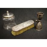 Sterling silver lidded jar, brush & spirit measure