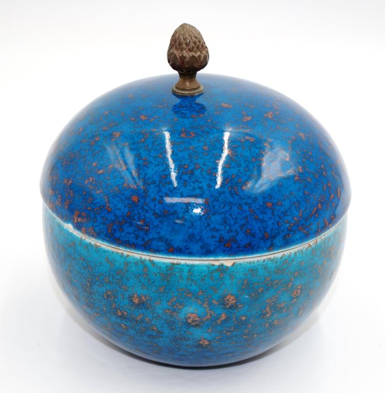 German pottery blue speckled lidded pot - Image 7 of 7