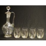 Kookaburra etched glass jug & 4 tumblers