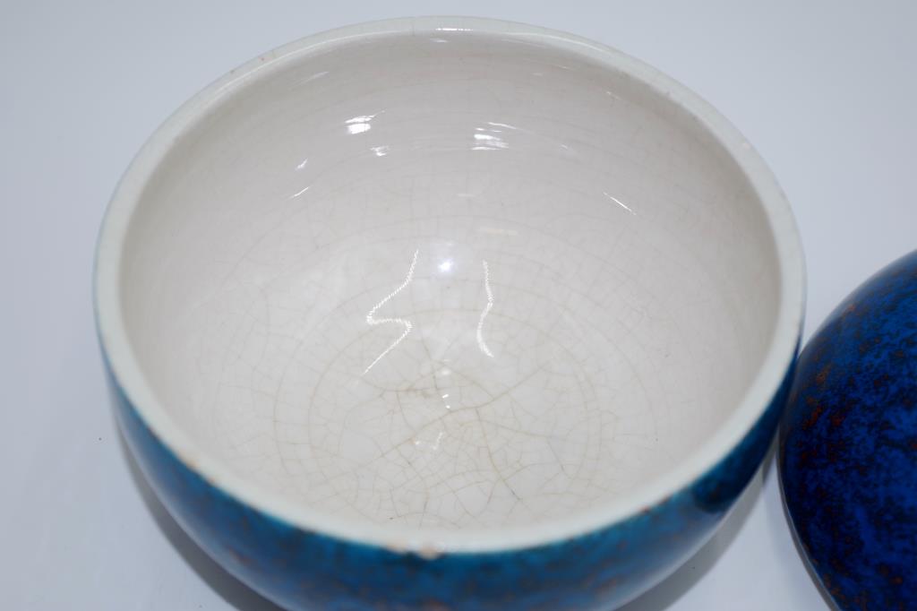 German pottery blue speckled lidded pot - Image 6 of 7
