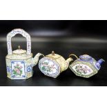Three Canton Chinese enamel decorative teapots
