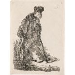 Rembrandt Harmensz. van Rijn: Bärtiger Mann, an einen Erdhügel gelehnt stehend.