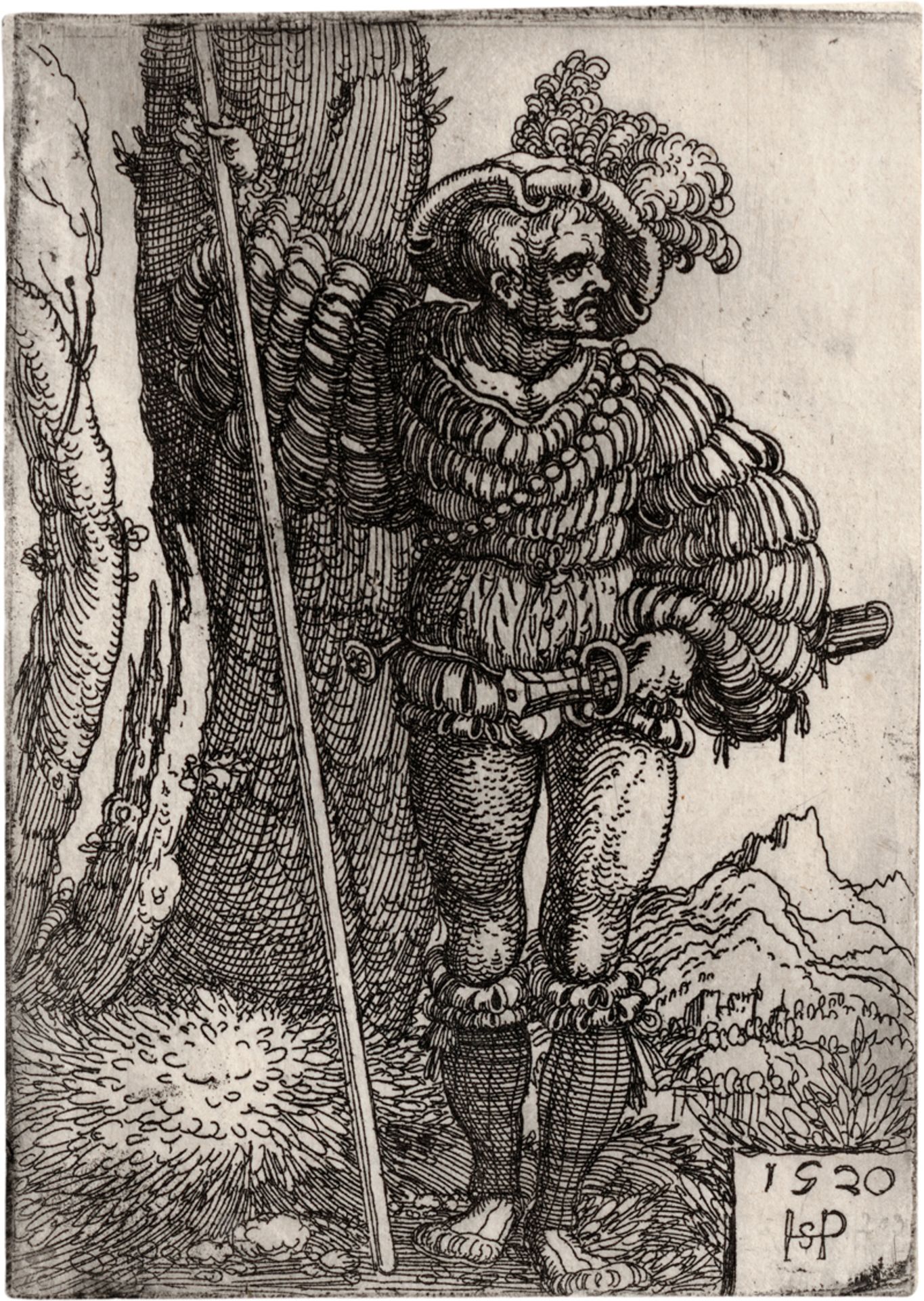 Beham, Hans Sebald: Ein Landsknecht, neben einem Baum stehend