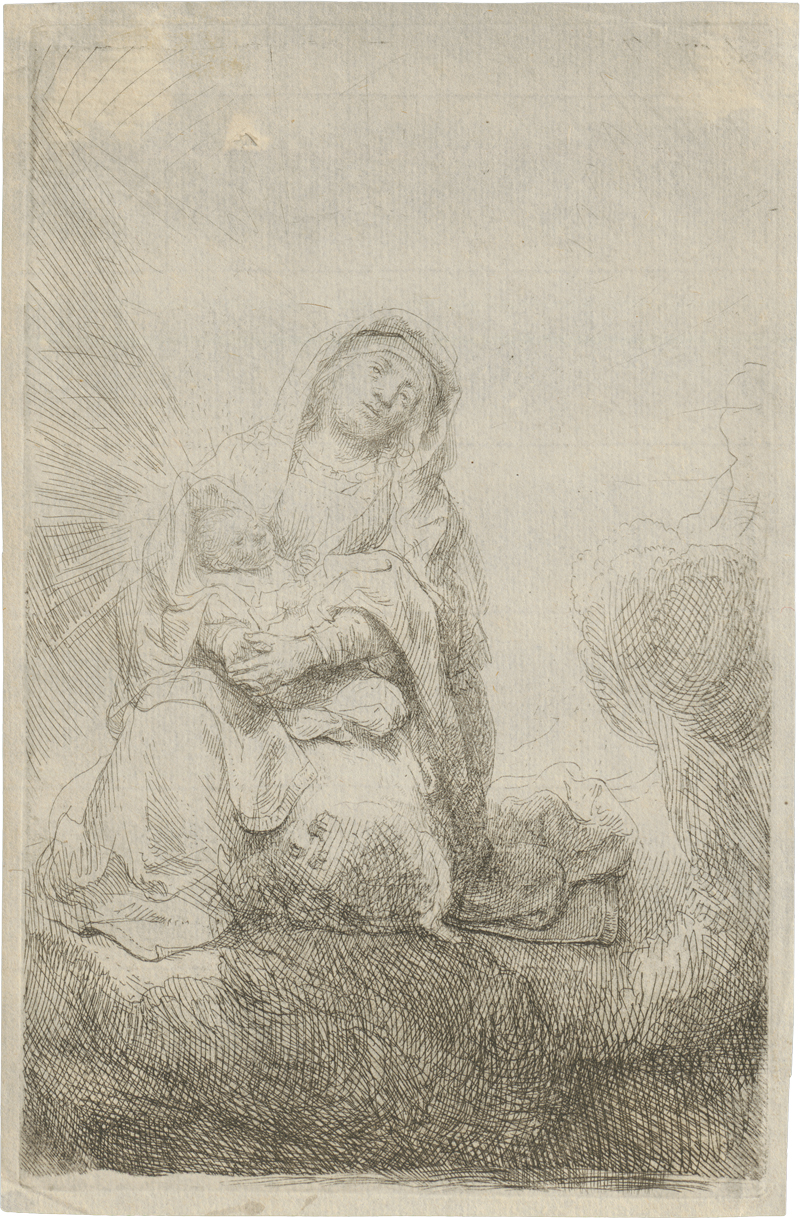 Rembrandt Harmensz. van Rijn: Maria mit dem Christkinde in den Wolken