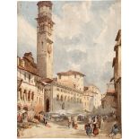 Deutsch: um 1860. "Palazzo della Ragione": Markt auf der Piazza d...