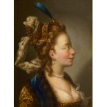 Italienisch: um 1780. Bildnis einer jungen Frau im Damastkleid mit pe...