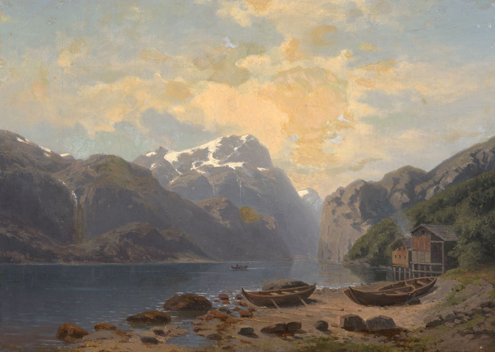 Rasmussen, Georg Anton - zugeschrie...: Norwegische Fjordlandschaft mit Fischerhütte.