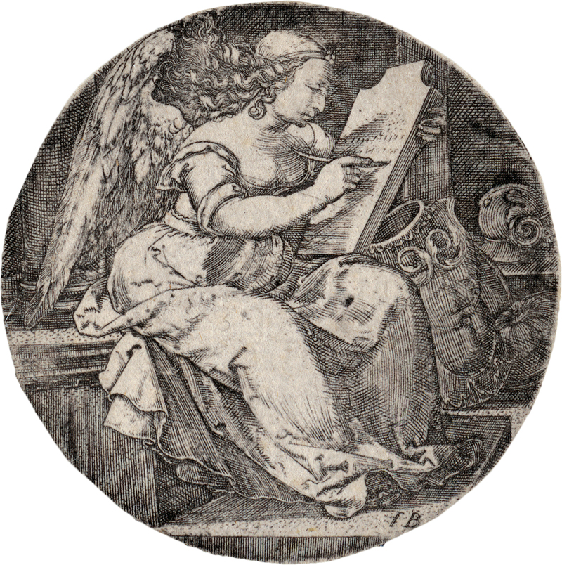 Monogrammist FG: Sitzende weibliche Figur in einer Landschaft, auf eine V...
