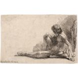 Rembrandt Harmensz. van Rijn: Männlicher Akt, am Boden sitzend