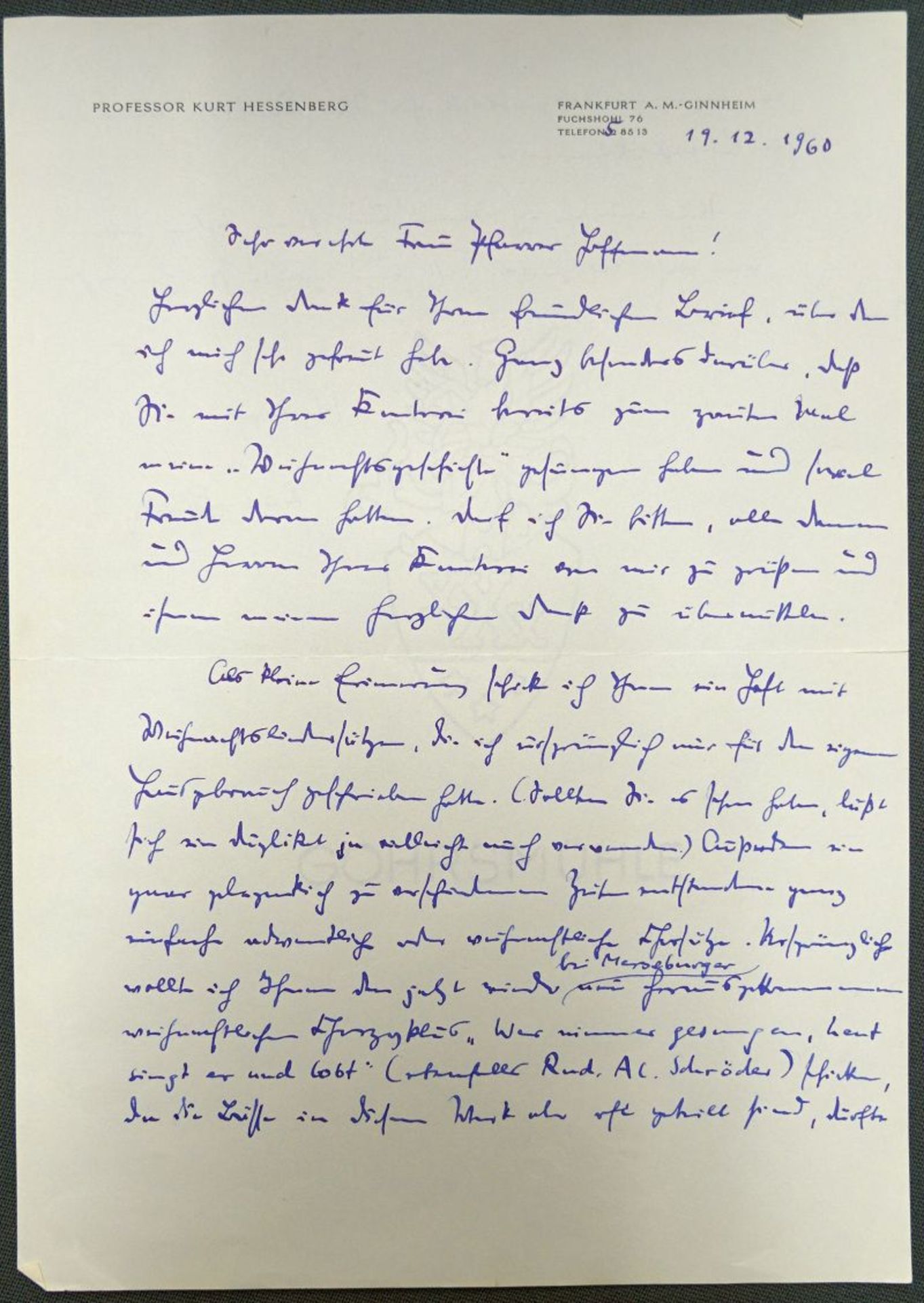 Hessenberg, Kurt: Brief 1960