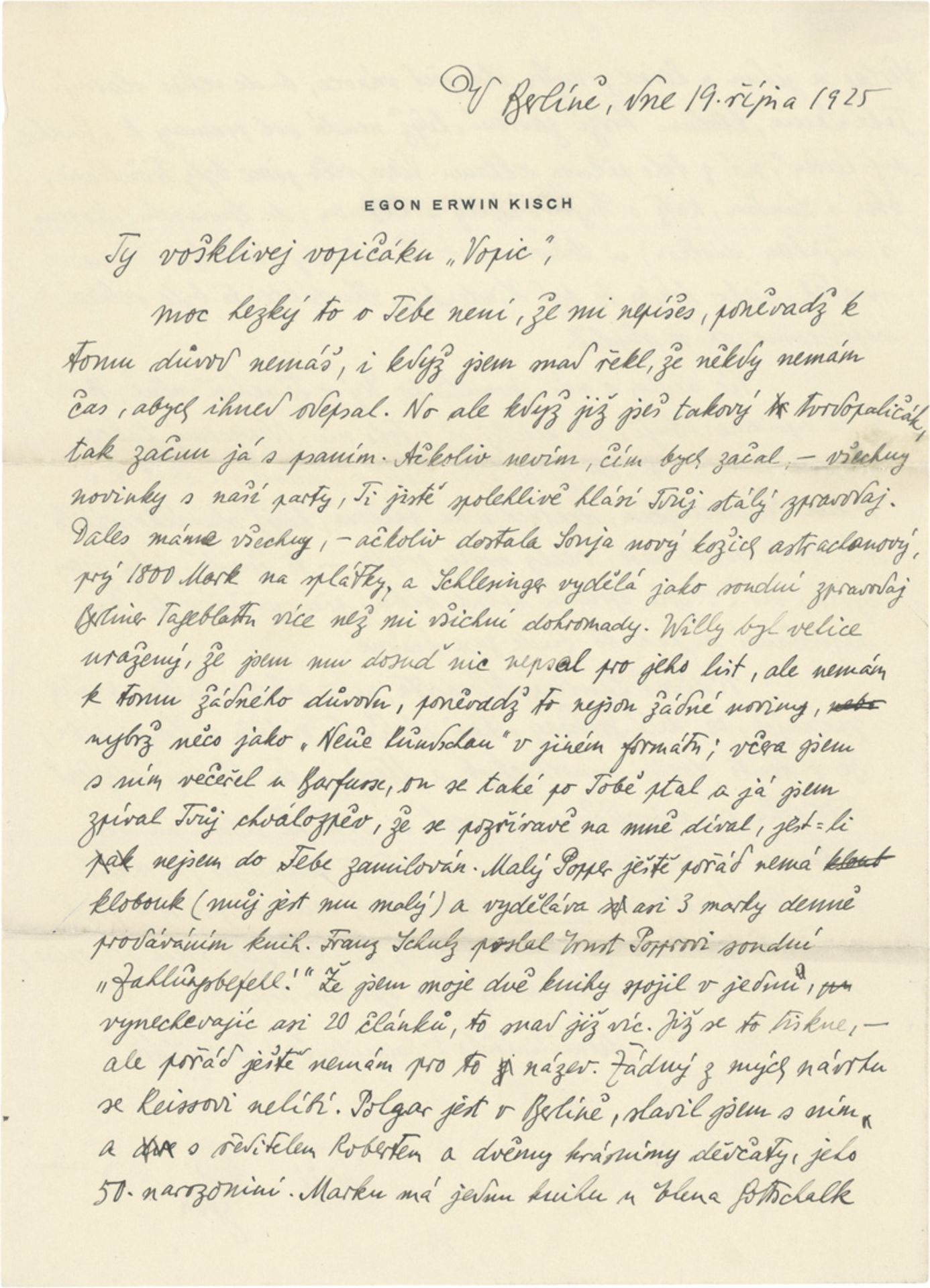 Kisch, Egon Erwin: Eigenhändiger Brief. Berlin, 19. Oktober 1925.