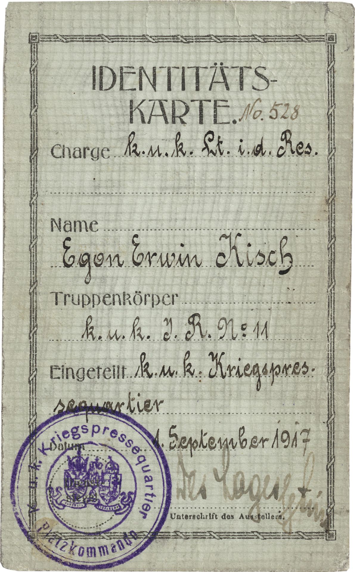 Kisch, Egon Erwin: Identitätskarte Egon Erwin Kisch, Kriegspressequartier
