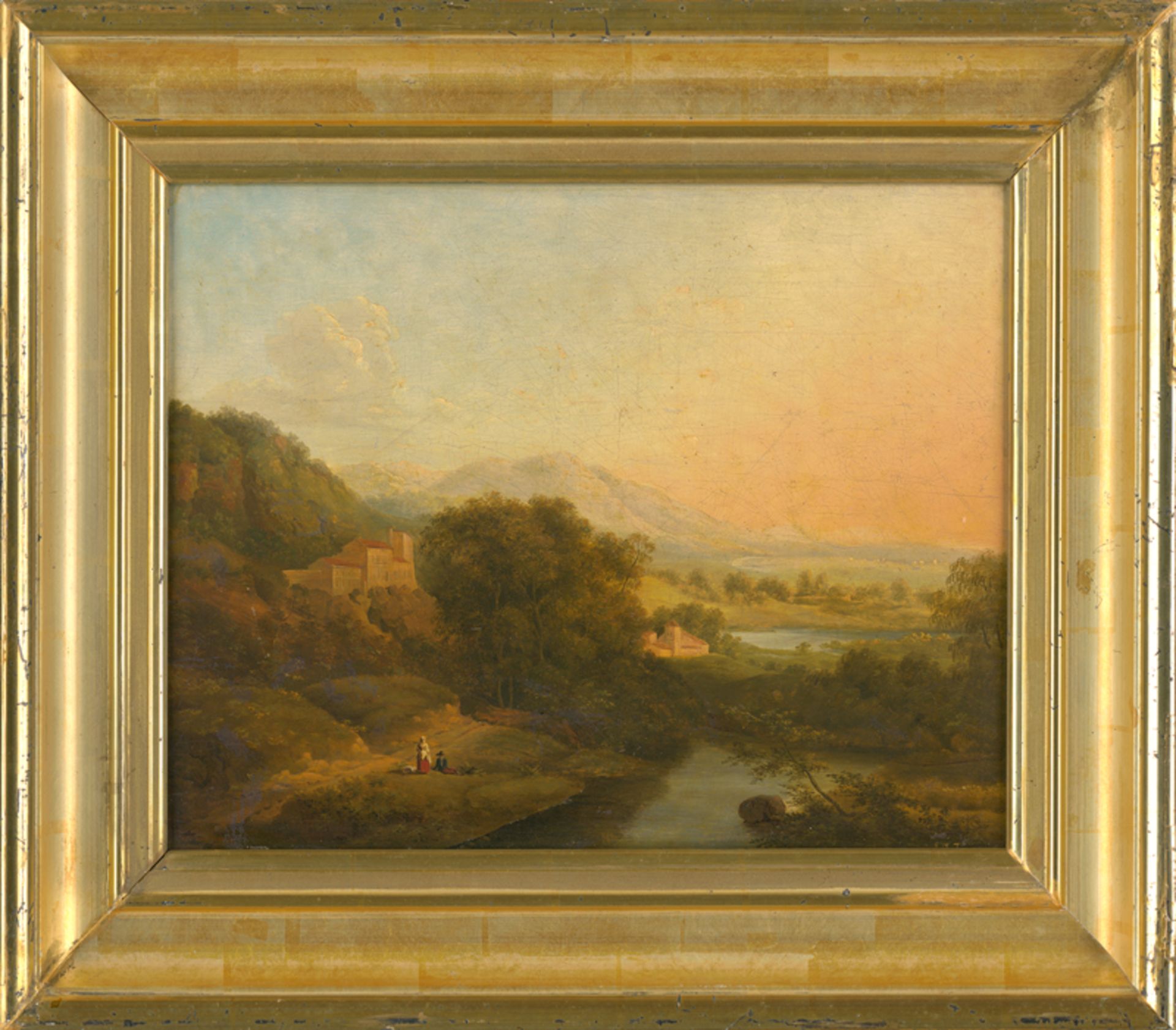 Deutsch: um 1820. Flusslandschaft mit rastendem Paar