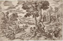 Angolo, Giovanni Battista d' - zuge...: Landschaft mit Liebespaar von einem Satyr gestört