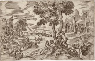 Angolo, Giovanni Battista d' - zuge...: Landschaft mit Liebespaar von einem Satyr gestört