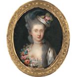 Deutsch: um 1775. Miniatur Portrait einer jungen Frau mit blumeng...